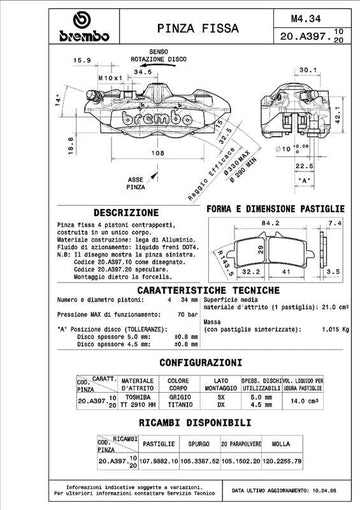 Kawasaki Ninja 1000 [BREMBO RACING] - Paar einteilige M4-Bremssättel - 18mm/P4 34 (mit Belägen)