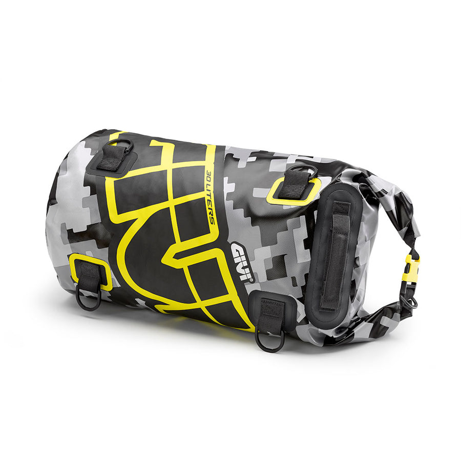 [GIVI] – Easy-T Waterproof - Gepäckrolle 30 L – graues Camouflage-Design, neongelber Schriftzug