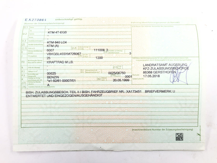 KTM 640 LC4 EGS [1999] - Rahmen Hauptrahmen mit Fahrzeugbrief