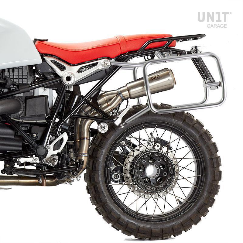 BMW R nineT 1200 Urban G/S (niedriger Auspuff) [2017-2023] - Paar Cult-Seitentaschen aus Spaltleder 40L - 50L + Aluminiumplatte + Atlas NineT Aluminium Taschenrahmen